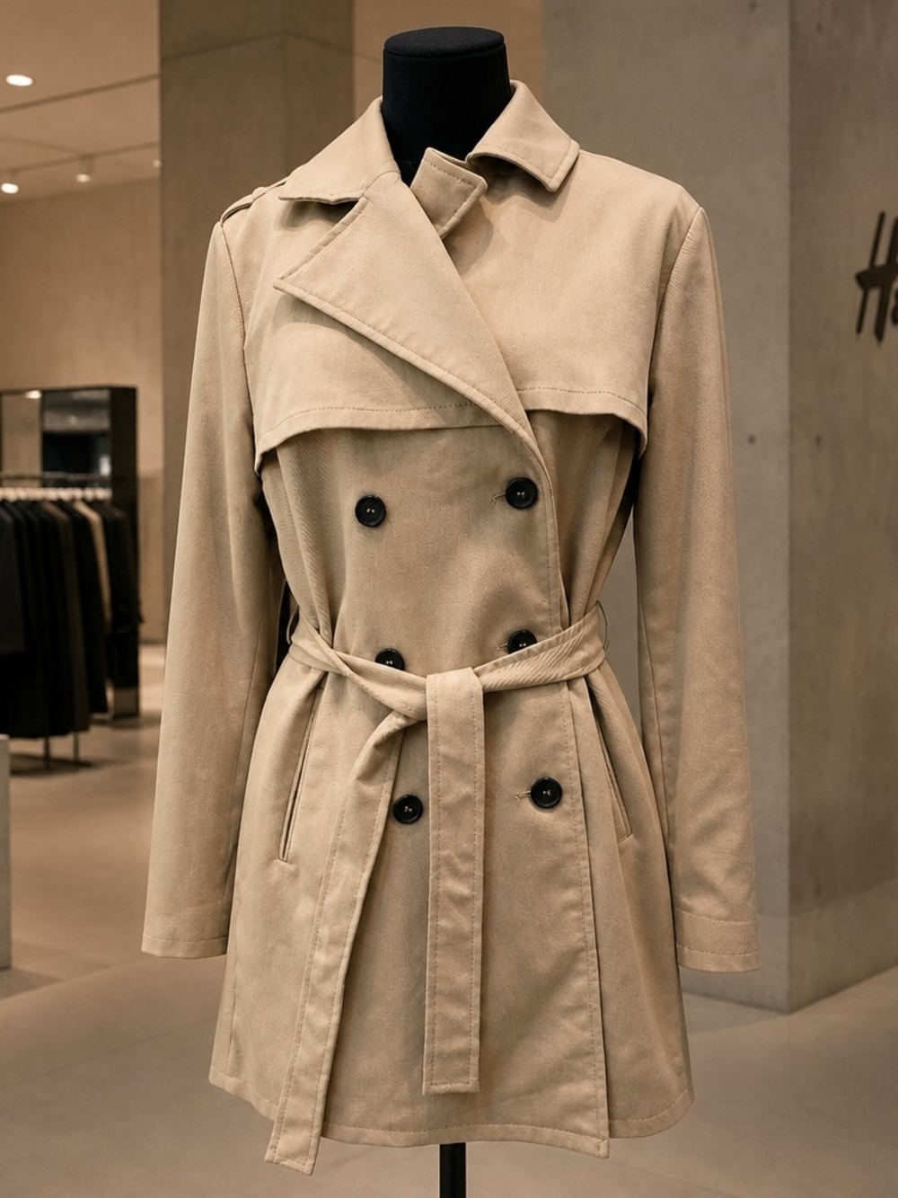 Divided By H&M Size 6 Beige Belted Double Breasted Mid-Length Trench Coat